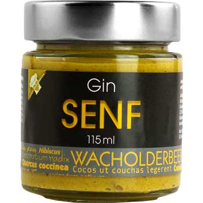 Senf Gin-Senf mit Wacholder  Gin-Senf mit Wacholder.   Vegan  BARRIQUE-Feine Manufaktur hausgemacht Niedersachsen Deutschland 115mlGlas