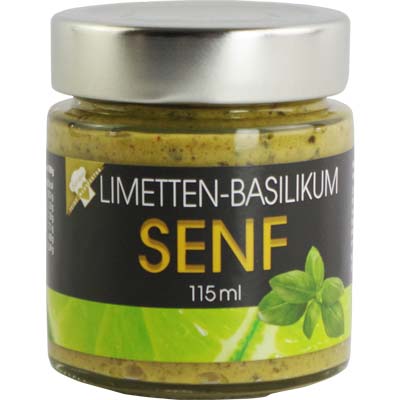 Senf Limette-Basilikum-Senf  Senf m.frischem Basilikum   Vegan  BARRIQUE-Feine Manufaktur hausgemacht Niedersachsen Deutschland 115mlGlas