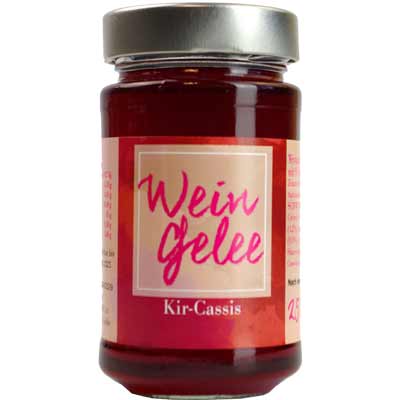 Wein-Gelee Kir-Cassis  mit Cr&ecirc;me de Cassis   Vegan  BARRIQUE-Feine Manufaktur hausgemacht Niedersachsen Deutschland 250g-Glas