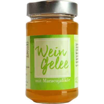 Wein-Gelee Maracuja-Likör  mit Maracuja-Likör   Vegan  BARRIQUE-Feine Manufaktur hausgemacht Niedersachsen Deutschland 250g-Glas