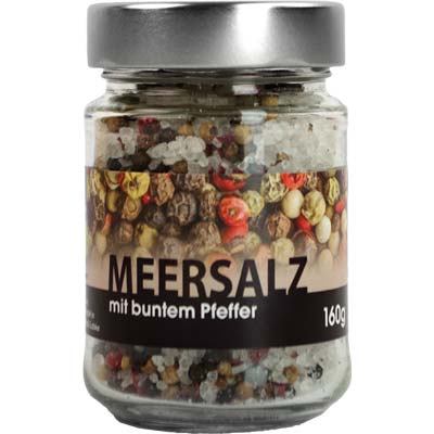 Meersalz mit buntem Pfeffer  Pfeffersalz  Bio Vegan  BARRIQUE-Feine Manufaktur hausgemacht Niedersachsen Deutschland 160g-Glas