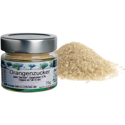 Orangen-Zucker  Zucker mit äth. Orangenöl  Bio Vegan  BARRIQUE-Feine Manufaktur hausgemacht Niedersachsen Deutschland 75g-Glas