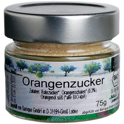 Orangen-Zucker  Zucker mit äth. Orangenöl  Bio Vegan  BARRIQUE-Feine Manufaktur hausgemacht Niedersachsen Deutschland 75g-Glas