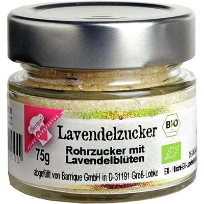 Lavendel-Zucker  Zucker mit äth.Lavendelöl  Bio Vegan  BARRIQUE-Feine Manufaktur hausgemacht Niedersachsen Deutschland 75g-Glas